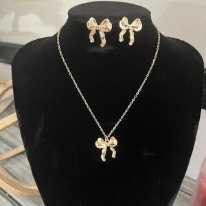 Gold Plated Bow Necklace SET Coquette Earrings Womens Jewelry